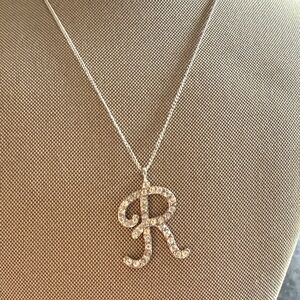 Silver Initial 'R' Pendant Necklace with Crystals